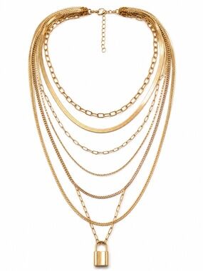 Layered Gold-Tone Mixed Chain Padlock Necklace